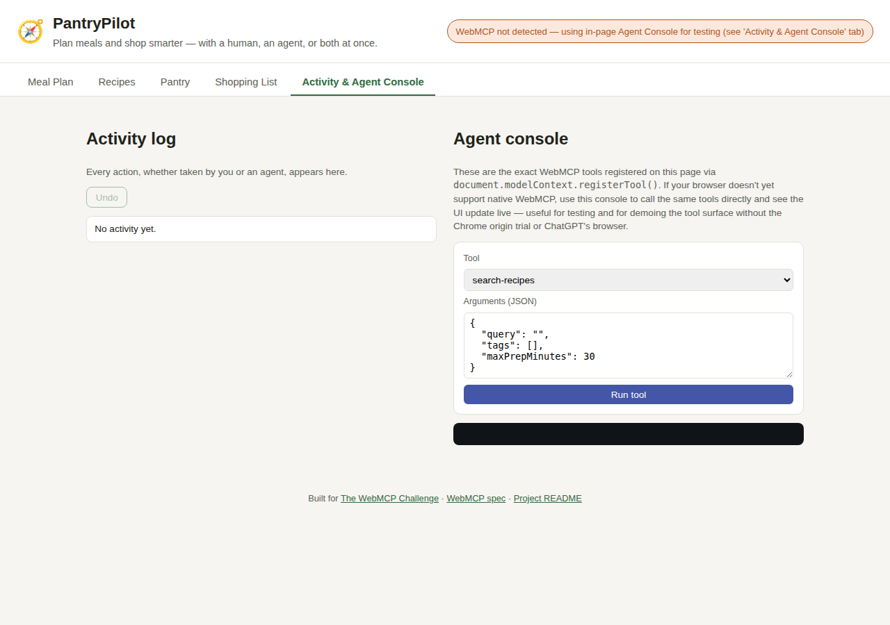 The Agent Console tab, with a tool selected and ready to run